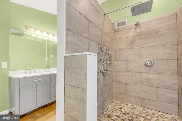 bathroom featuring vanity and a shower with shower curtain