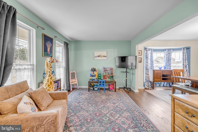 living room featuring dark wood-type flooring