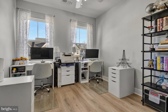 office featuring ceiling fan, a healthy amount of sunlight, and light wood-type flooring