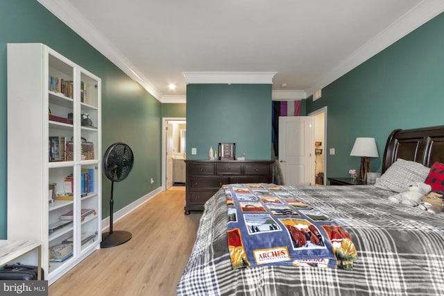 bedroom with ornamental molding and light wood-type flooring