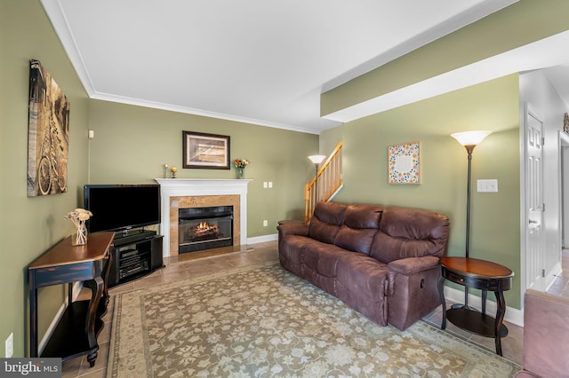 living room with crown molding