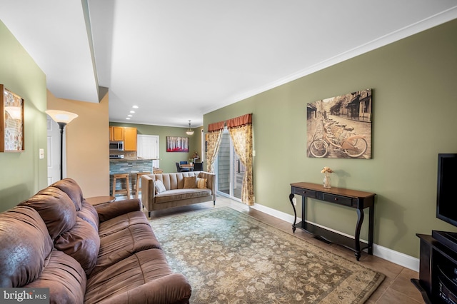 tiled living room featuring crown molding