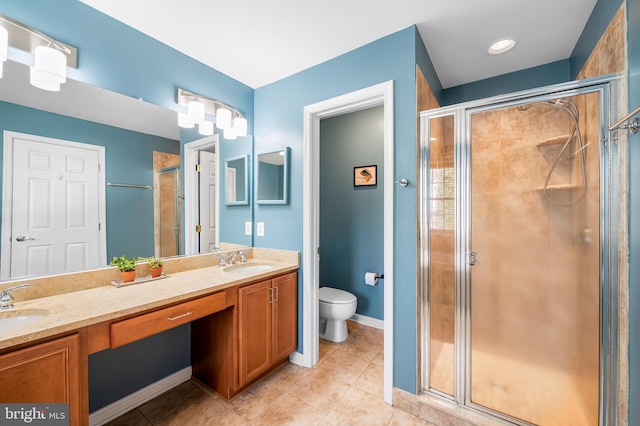 bathroom with vanity, tile patterned floors, toilet, and walk in shower