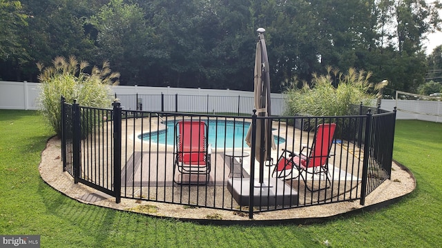 view of pool featuring a yard