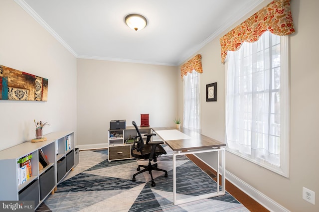 home office featuring crown molding and wood-type flooring