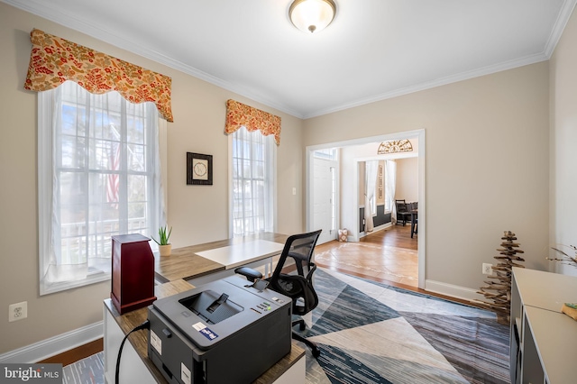 home office featuring ornamental molding and wood-type flooring