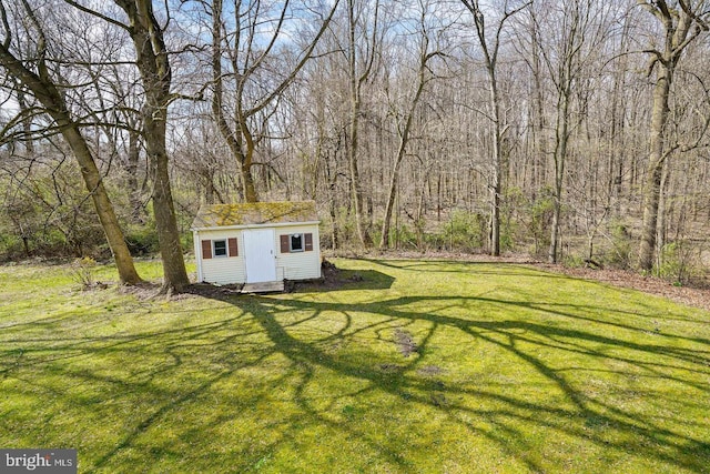 view of yard featuring a storage shed