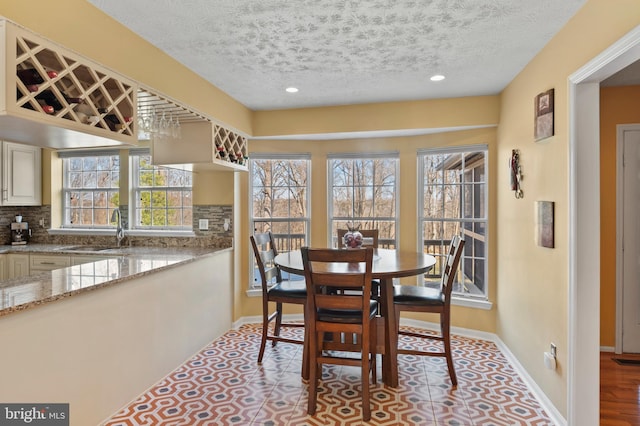 dining space featuring sink, a wealth of natural light, and a textured ceiling