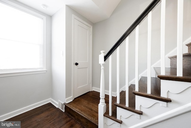 stairway with hardwood / wood-style floors