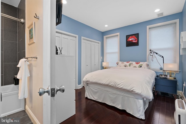 bedroom with dark wood-type flooring and two closets