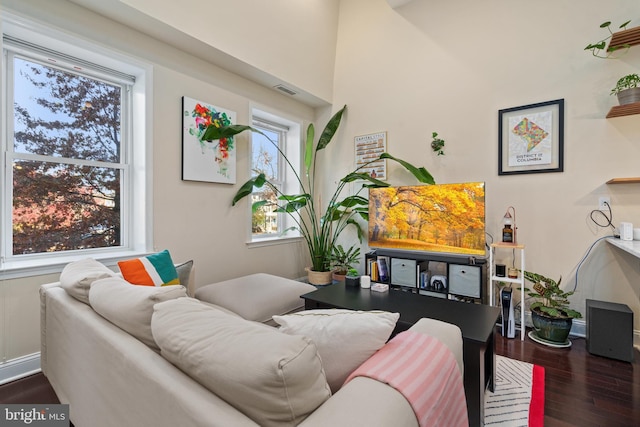 living room with dark hardwood / wood-style flooring