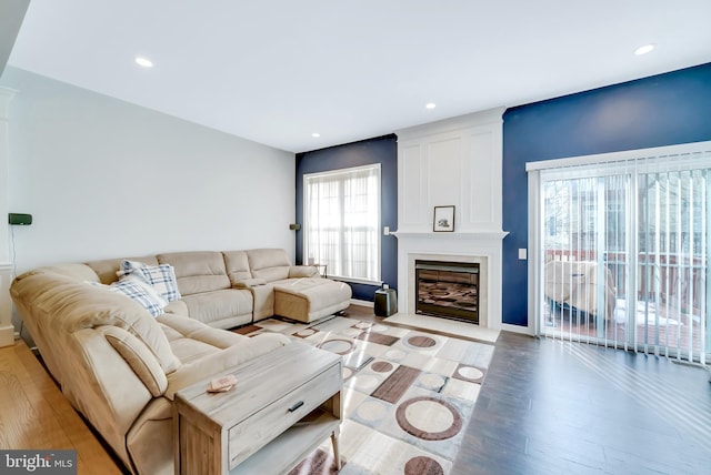 living room with a large fireplace, wood-type flooring, and plenty of natural light