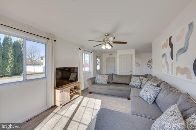 living room featuring ceiling fan, plenty of natural light, and light wood-type flooring