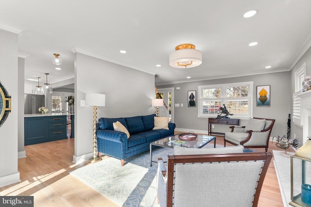 living room featuring ornamental molding and light wood-type flooring