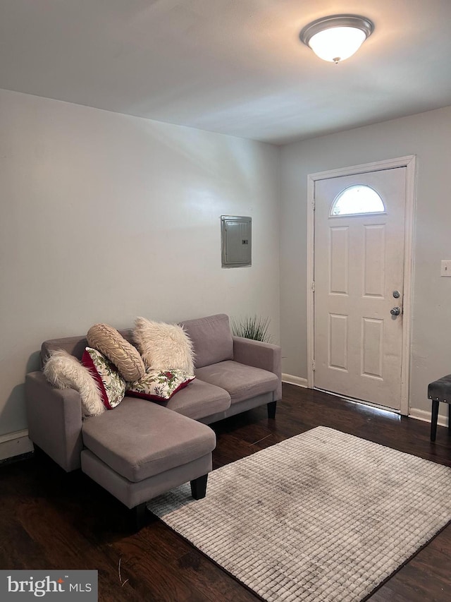 living room featuring dark hardwood / wood-style floors and electric panel