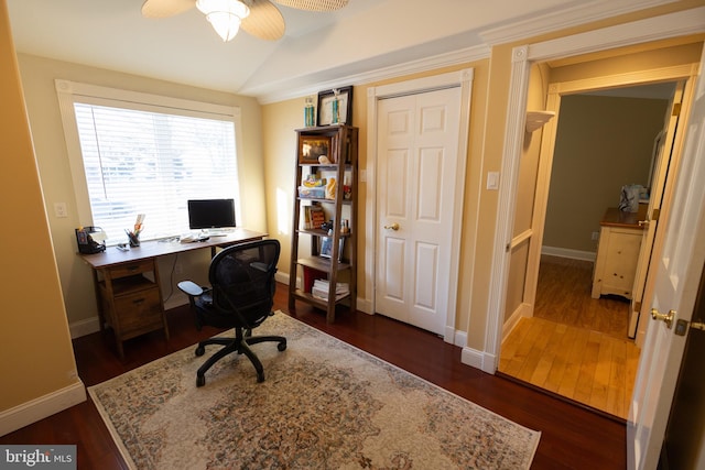 office area featuring dark wood-type flooring, ceiling fan, and lofted ceiling