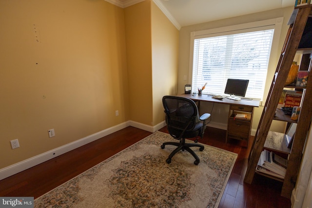 office with dark hardwood / wood-style flooring and ornamental molding