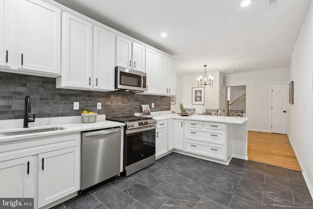 kitchen with sink, white cabinetry, kitchen peninsula, pendant lighting, and stainless steel appliances