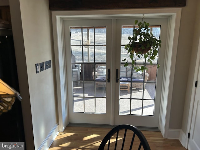 entryway featuring french doors, baseboards, a healthy amount of sunlight, and wood finished floors