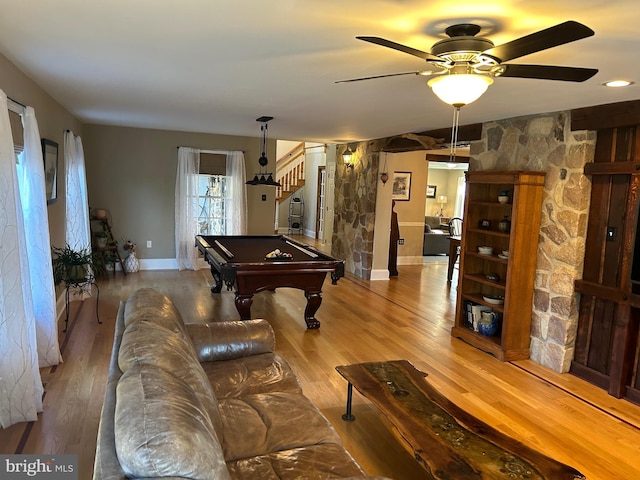 recreation room with ceiling fan, baseboards, wood finished floors, and pool table