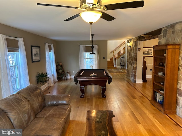 game room featuring pool table, wood finished floors, baseboards, and a ceiling fan