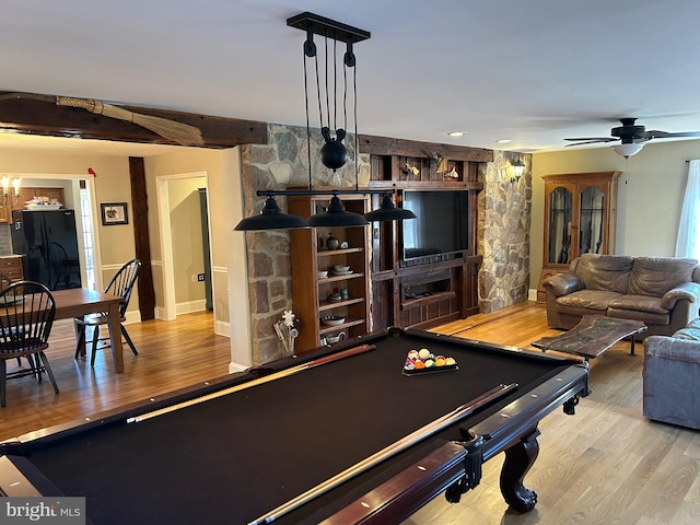 game room featuring billiards, wood finished floors, baseboards, and ceiling fan