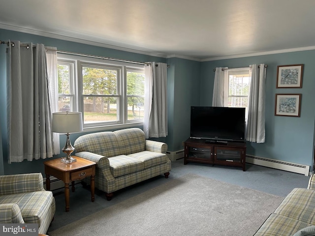 sitting room featuring crown molding, a baseboard radiator, and carpet