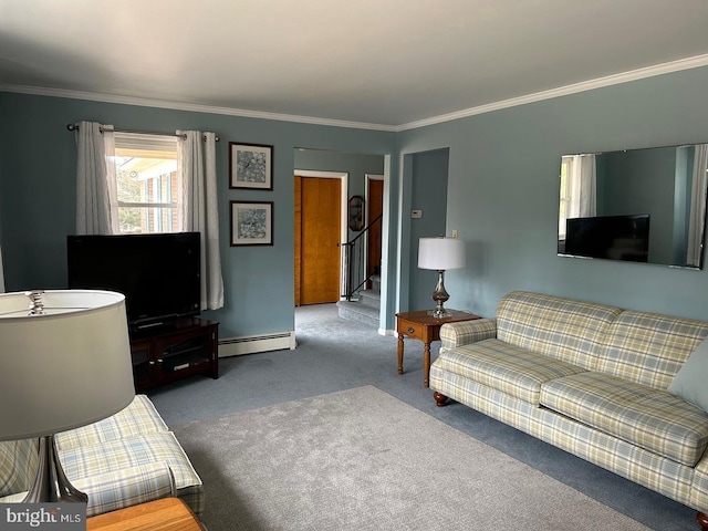 carpeted living room featuring ornamental molding and baseboard heating