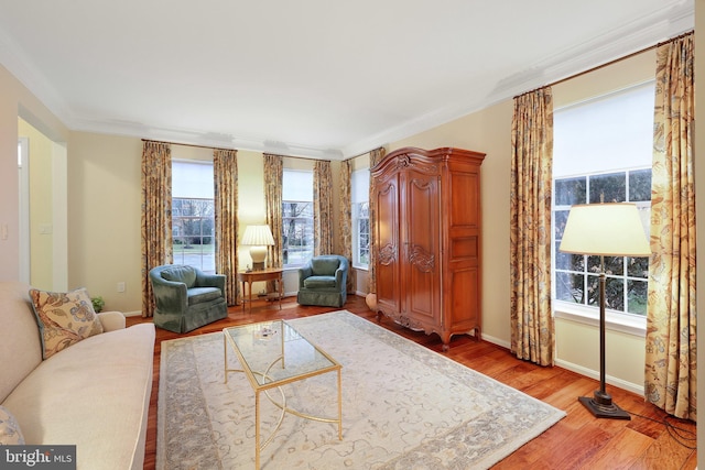 living room with ornamental molding and hardwood / wood-style floors