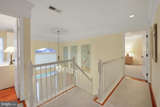 hall with crown molding, plenty of natural light, and light hardwood / wood-style floors