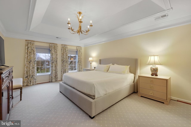 bedroom featuring a raised ceiling, ornamental molding, light colored carpet, and a chandelier