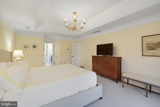 carpeted bedroom with crown molding, a raised ceiling, and a notable chandelier