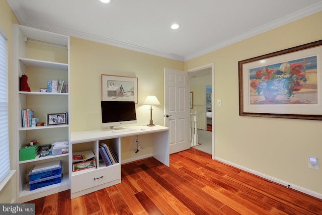 interior space featuring crown molding and wood-type flooring