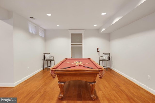 rec room featuring pool table and light hardwood / wood-style flooring