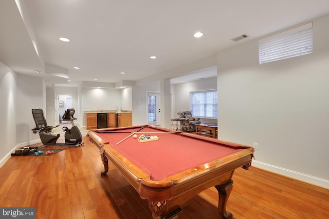 game room featuring pool table and light hardwood / wood-style floors