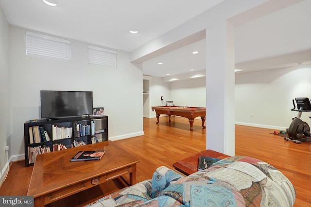 living room featuring wood-type flooring and pool table