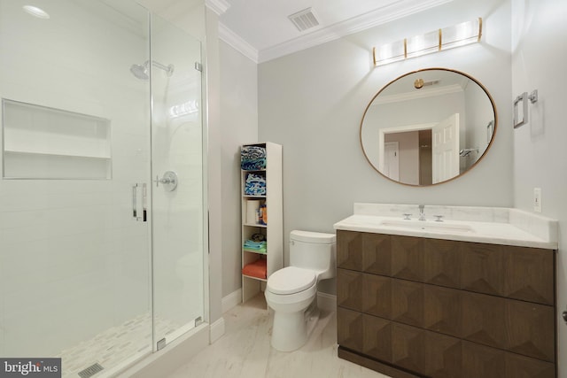 bathroom with walk in shower, ornamental molding, toilet, and vanity