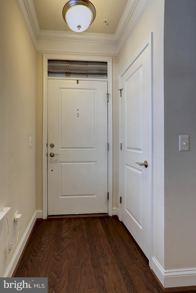 doorway to outside featuring crown molding and dark hardwood / wood-style flooring