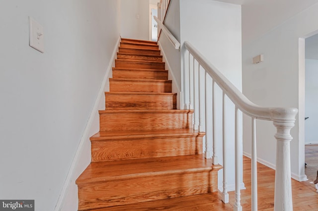 stairway with hardwood / wood-style floors