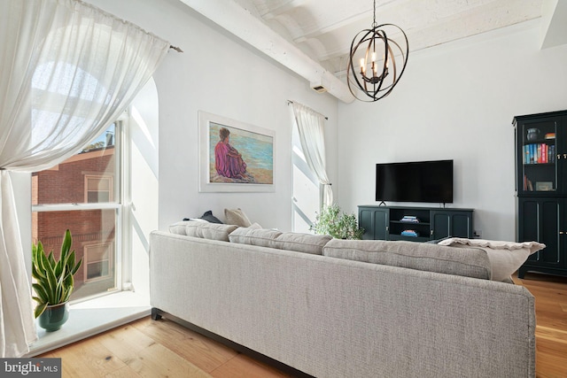 living room with hardwood / wood-style flooring and a chandelier