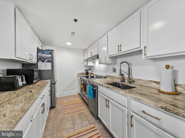 kitchen with stainless steel appliances, white cabinetry, and sink