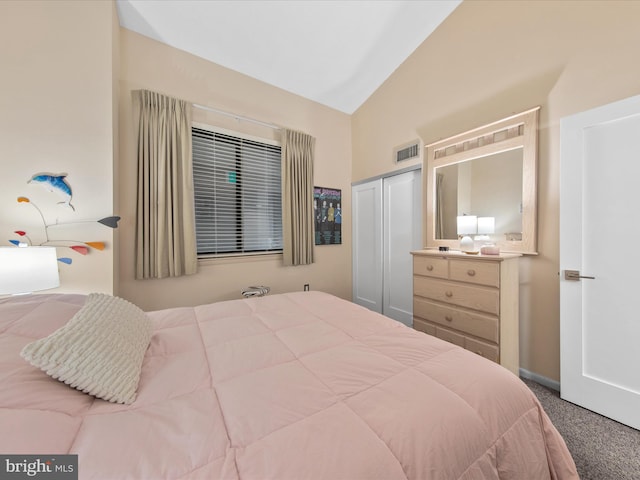 carpeted bedroom with vaulted ceiling and a closet