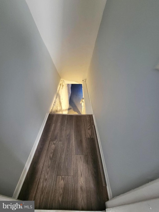 stairs with hardwood / wood-style flooring and lofted ceiling