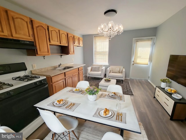 kitchen with sink, gas stove, decorative light fixtures, dark hardwood / wood-style floors, and a notable chandelier