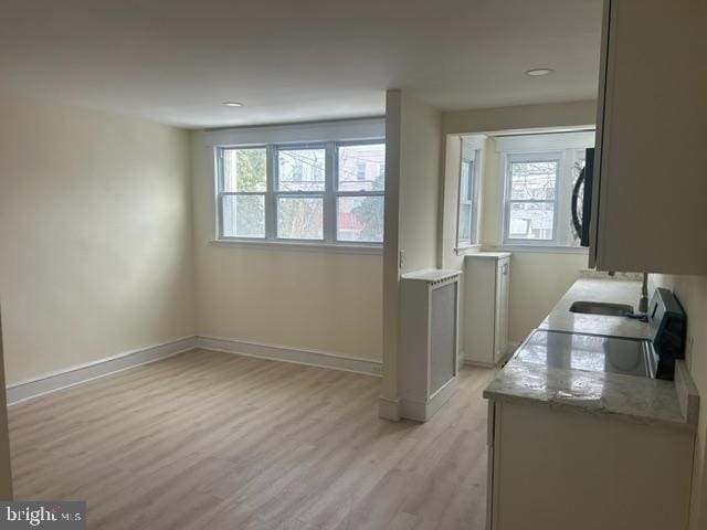 interior space with sink, a wealth of natural light, and light hardwood / wood-style flooring