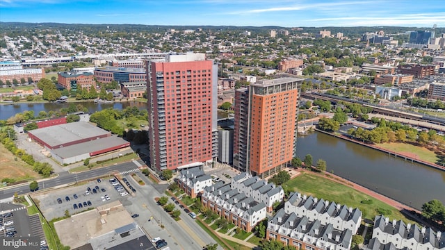 bird's eye view with a water view