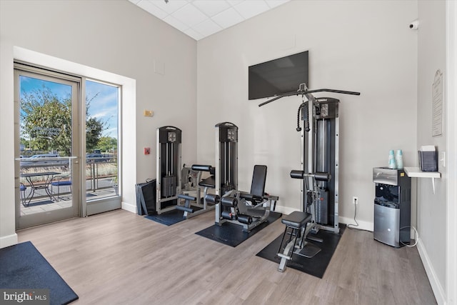 105 Christina Landing Dr Unit 905, Wilmington, DE 19801 - workout room featuring a towering ceiling, a drop ceiling, and light wood-type flooring