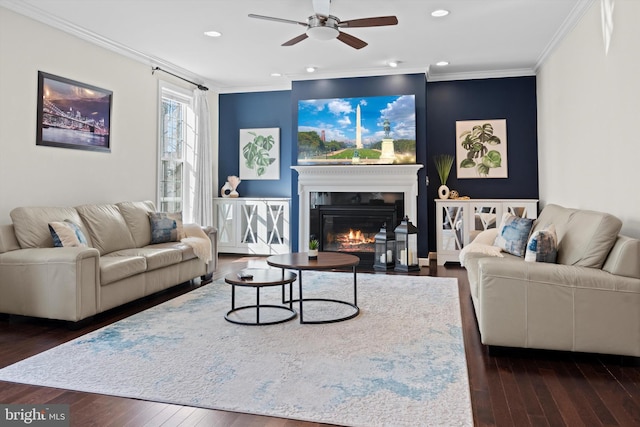 living room with ornamental molding, ceiling fan, and dark hardwood / wood-style flooring