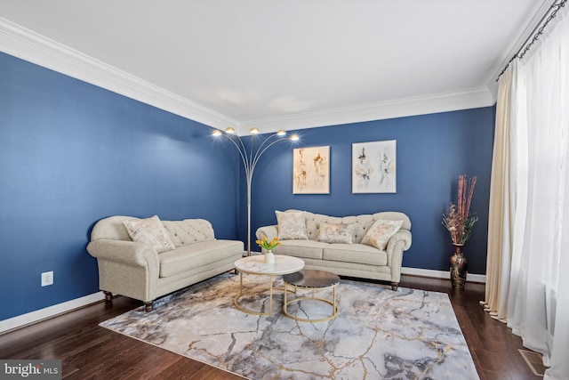 living room with ornamental molding and dark hardwood / wood-style floors