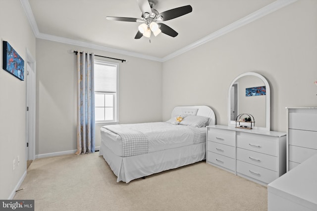 bedroom featuring light carpet, ornamental molding, and ceiling fan